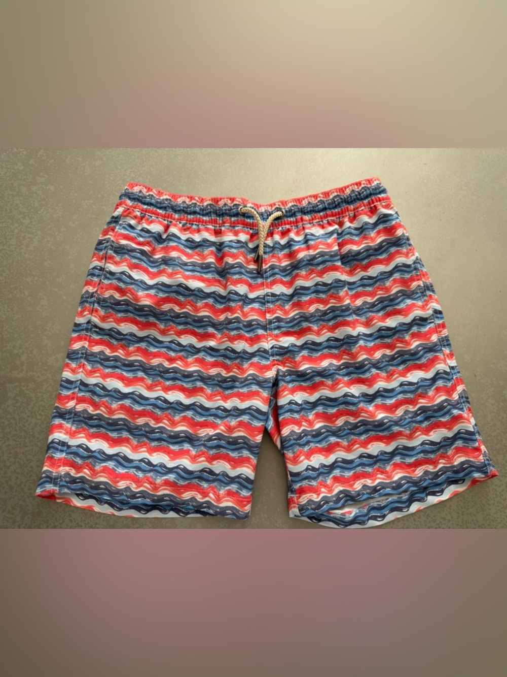 Fair Harbor Men's Red, Navy & White Wave-Print Swim Trunks